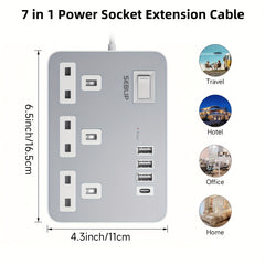 Power Supply 7in 1 Flat Plug Power Socket Outlet Extension Lead, 4 USB Slots Charging Ports Extension Socket, Multi Socket Power Board