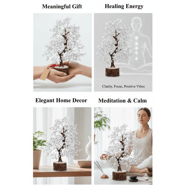 Clear Quartz Crystal Tree – Natural Healing Crystal Decor for Home Office Desk, Spiritual Feng Shui Ornament, Positive Energy Crystal Gift for Women Men, Meditation Reiki Decor, Living Room Ornament, Gift Box Included with Mini Crystal Guide