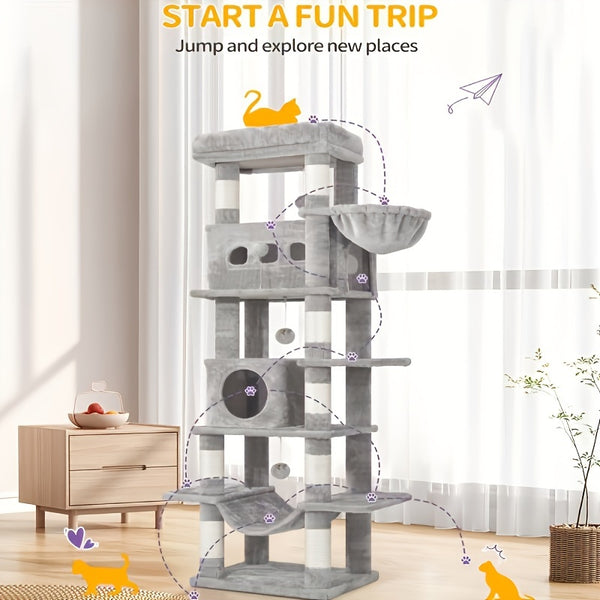 170cm Large Cat Tree, Cat Tower for Maine Cat, Multi-Storey Scratching Post with Large Perch, Washable Mat, Cat House Furniture with 2 Caves, 8 Scratching Posts, Light Grey, Dark Grey