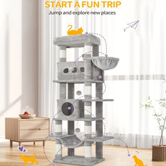 170cm Large Cat Tree, Cat Tower for Maine Cat, Multi-Storey Scratching Post with Large Perch, Washable Mat, Cat House Furniture with 2 Caves, 8 Scratching Posts, Light Grey, Dark Grey