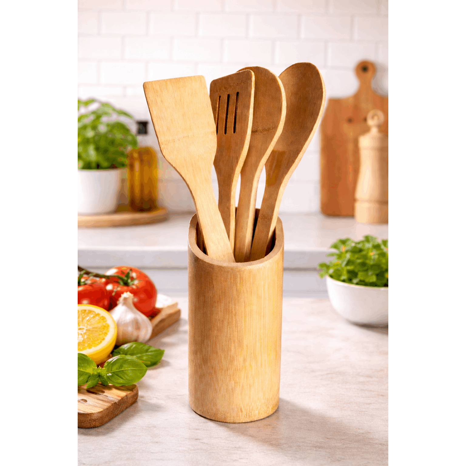 5pcs Bamboo Cooking Utensils Set Wooden Spoons Spatula Non Stick Kitchen Utensils