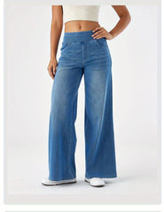 ' High Waisted Wide Jeans - Stretchy Pants with Multiple Pockets, -Washed - Casual Trousers for Jeanswear & Layering (Wide-Waisted Fit)