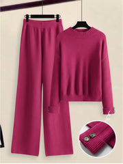 Women's 2pcs Set with Side Stripe| Crewneck Sweater & Relaxed Fit Straight Leg Pants| Soft Loungewear for Spring Autumn | European Casual Y Style