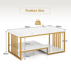 GOFLAME Faux Marble Coffee Table Rectangular 2-Tier Center Table w/ Shelf-White