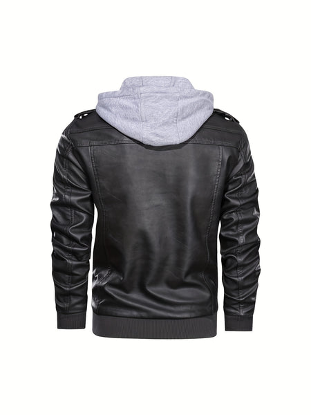 2907 Cross-Border New Double-Zipper Hooded Faux Leather Jacket Men'S Casual Fashion Motorcycle Jacket Men'S Korean Version Trendy Solid Color Coat Men