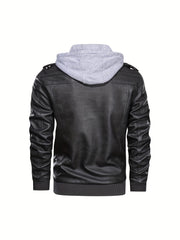 2907 Cross-Border New Double-Zipper Hooded Faux Leather Jacket Men'S Casual Fashion Motorcycle Jacket Men'S Korean Version Trendy Solid Color Coat Men