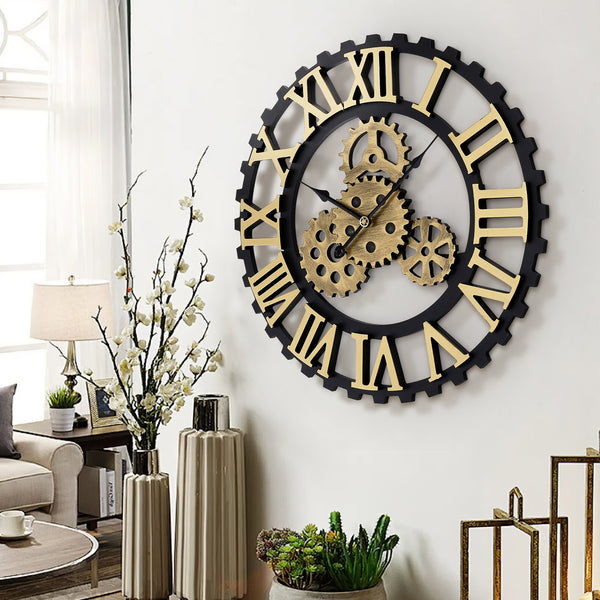50cm European Vintage Gear Wall Clock with Large Roman Numerals, Outdoor Garden Wall Clock, Industrial Style Giant Open Face Skeleton Clock, Silent Non-Ticking Quartz Clock, Living Room Bedroom Office Kitchen Patio Bar Farmhouse Clock, Christmas & Hallowe