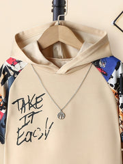 Boys' Summer Casual Trendy Letter Print Hooded Short Sleeve Top + Elastic Waist Loose Fit Sports Shorts Two-Piece Set, Perfect for Outdoor
