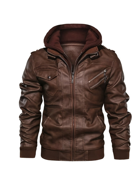 2907 Cross-Border New Double-Zipper Hooded Faux Leather Jacket Men'S Casual Fashion Motorcycle Jacket Men'S Korean Version Trendy Solid Color Coat Men