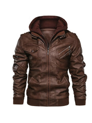 2907 Cross-Border New Double-Zipper Hooded Faux Leather Jacket Men'S Casual Fashion Motorcycle Jacket Men'S Korean Version Trendy Solid Color Coat Men