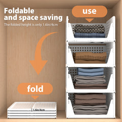 Set of 4 Stackable Foldable Wardrobe Storage Box Organizer, Plastic White Wardrobe Shelves Closet Organiser Box, Pull Out Like a Drawer, Suitable for Home, Bedroom, Kitchen (Easy Open and Folding)