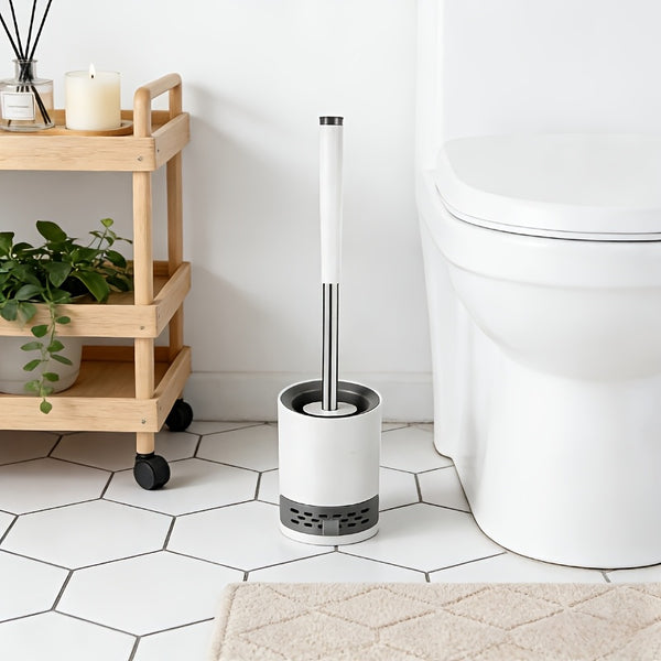 Soft Bristle Toilet Brush Bracket Set, Round Bathroom Toilet Cleaning Brush, Modern Design Deep Cleaning Toilet Brush, Sturdy Long Handle, Quick-drying Toilet Brush Set, White