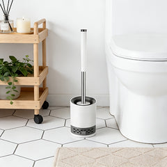 Soft Bristle Toilet Brush Bracket Set, Round Bathroom Toilet Cleaning Brush, Modern Design Deep Cleaning Toilet Brush, Sturdy Long Handle, Quick-drying Toilet Brush Set, White