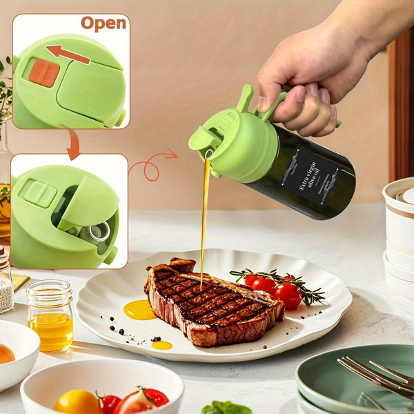 2 Kitchen Glass Olive Oil Bottles with 6 Stickers, Oil Dispenser and Cooking Spray Device, 16oz Premium Dark Green Glass Oil Bottle, Perfect Cooking Tool for Grilling, Camping, and Salads, Nozzle Design for Easy Cleaning, Suitable for Cooking