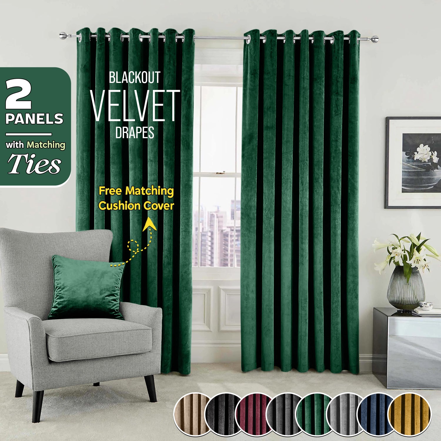 2pc Luxury Velvet Curtain Panels with Free Matching Velvet Cushion Cover – Thermal Insulated Grommet Top Drapes, Energy Saving Curtain Panels for Bedroom & Living Room Home Decor, Perfect Holiday Gift