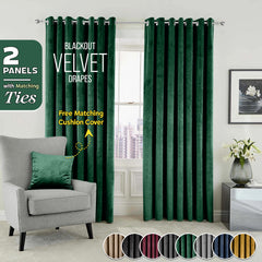 2pc Luxury Velvet Curtain Panels with Free Matching Velvet Cushion Cover – Thermal Insulated Grommet Top Drapes, Energy Saving Curtain Panels for Bedroom & Living Room Home Decor, Perfect Holiday Gift