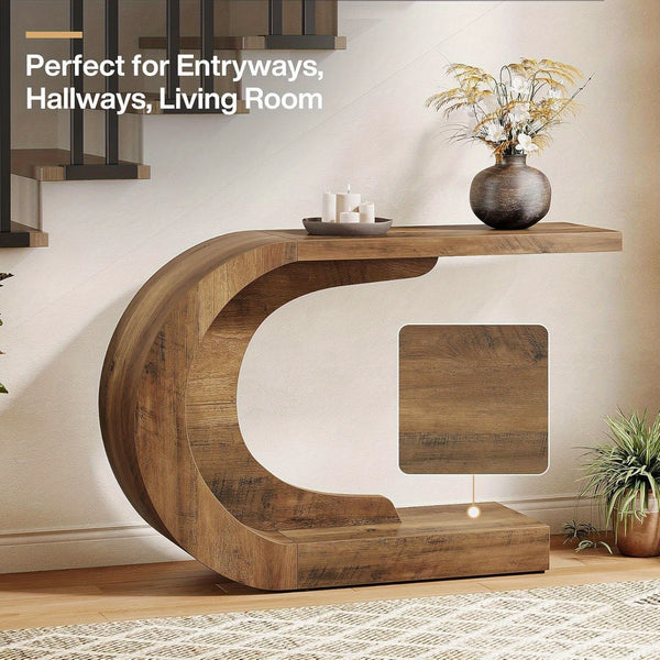 Mid-Century Modern C-Shaped Console Table 109.98 cm - Slim Engineered Wood Entryway Accent Table with Brown Finish, Easy Assembly for Living Room, Hallway, Foyer & Entryway, Console Table for Living Room, Hallway Furniture, Sturdy Furniture Construction
