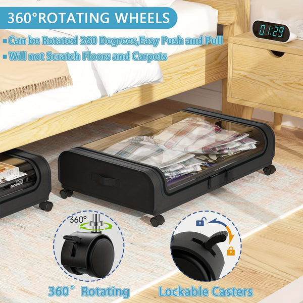 2 sets Underbed Storage Box, Underbed Storage Box with Wheels Lid, 96L Metal Frame, Bed Box, Organiser, Storage Bag, Foldable Underbed Box for Clothes, Shoes, Blankets, Bedding, Black, Under-Bed Storage