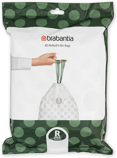Brabantia Perfectfit Bin Liners (Size G/23-30 Litre) Thick Plastic Trash Bags with Tie Tape Drawstring Handles (40 Bags)