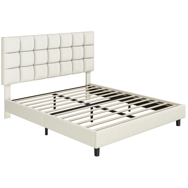 Costoffs Upholstered Bed Frame, Fabric Bed Frame with Fabric Headboard, Modern Platform Bed Frame with Strong Wooden Slats, Support and Square Tufted Headboard Height Adjustable, Double/King, Dark Gray/Light Gray/Beige