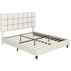 Costoffs Upholstered Bed Frame, Fabric Bed Frame with Fabric Headboard, Modern Platform Bed Frame with Strong Wooden Slats, Support and Square Tufted Headboard Height Adjustable, Double/King, Dark Gray/Light Gray/Beige
