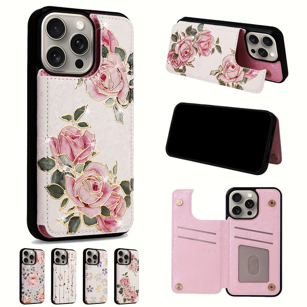 Phone Case - (2D)Phone Case - Wallet Case for Iphone 17 Promax/Pro/ Air, 16 Plus, 15, 14 Pro Max, 13, 12, 11And Galaxy.Featuring a Floral Design, a Back Flip Folio Made of Faux Leather, Designed for Women And Girls
