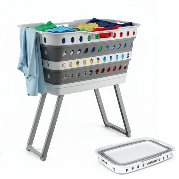 Large Capacity Foldable Laundry Basket with Standing Legs & Collapsible Hamper - Heavy-Duty Plastic Storage Bin with Brake Casters, Space-Saving Modern Rectangular Design for Bathroom, Bedroom, Dorm, Laundry Room - Easy-Fold Multi-Purpose, Laundry