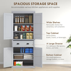 183 cm Tall Kitchen Cabinet, Freestanding Storage Cabinet with 4 Doors, Drawer and Adjustable Shelves, Kitchen Cupboard for Dining Room, White