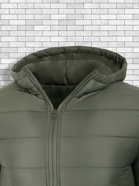 Men'S Outdoor Lightweight Thickened Hooded Windproof Quilted Solid Color Warm Coat