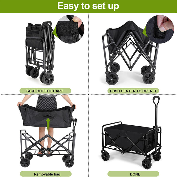 Large Heavy- Duty Folding Wagon- with All- Terrain Wheels, Utility Grocery Wagon, with Two Side, Sturdy Construction, Rolling Storage Cart for Camping, Shopping, Gardening & Outdoor Activities 70.1x39.12x44.96cm