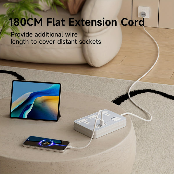 Power Supply 7in 1 Flat Plug Power Socket Outlet Extension Lead, 4 USB Slots Charging Ports Extension Socket, Multi Socket Power Board