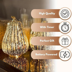 Marco Paul Extra Large Gold Light Up Pumpkin & Squash Pair - 2 Pack Autumn Decorations with Warm LED Lights & 6hr Timer - Plastic Pumpkins for Halloween Ornaments, Autumnal Decor & Seasonal Styling