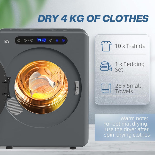 HOMCOM 4Kg Vented Tumble Dryer, 1000W Compact Freestanding Front Tumble Dryer with Stainless Steel Tub, Timer, 6 Heat Settings, Small Portable Clothes Drying Machine, Grey
