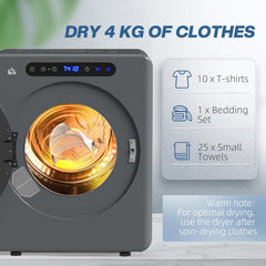 HOMCOM 4Kg Vented Tumble Dryer, 1000W Compact Freestanding Front Tumble Dryer with Stainless Steel Tub, Timer, 6 Heat Settings, Small Portable Clothes Drying Machine, Grey