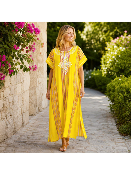 Women Boho Kaftan Dress Long Embroidered Beach Cover Up Lightweight Summer Kaftan Maxi Dress Loose Fit Swimwear Cover Up Holiday Beachwear Gandouri