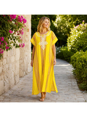 Women Boho Kaftan Dress Long Embroidered Beach Cover Up Lightweight Summer Kaftan Maxi Dress Loose Fit Swimwear Cover Up Holiday Beachwear Gandouri