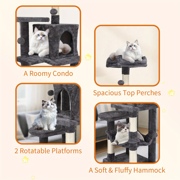 Cat Tree, 112 Cm Multi-Level Plush Cat Condo with 4 Scratching Posts, 2 Perches, Cave, Hammock, Pompoms, Light Grey