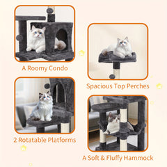 Cat Tree, 112 Cm Multi-Level Plush Cat Condo with 4 Scratching Posts, 2 Perches, Cave, Hammock, Pompoms, Light Grey