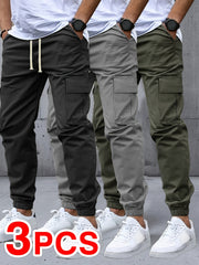 Men's Three-pc Cargo Pants, Solid Color Multi-Pocket Casual Outdoor Sports Trousers, Suitable for Spring, Summer, and Autumn
