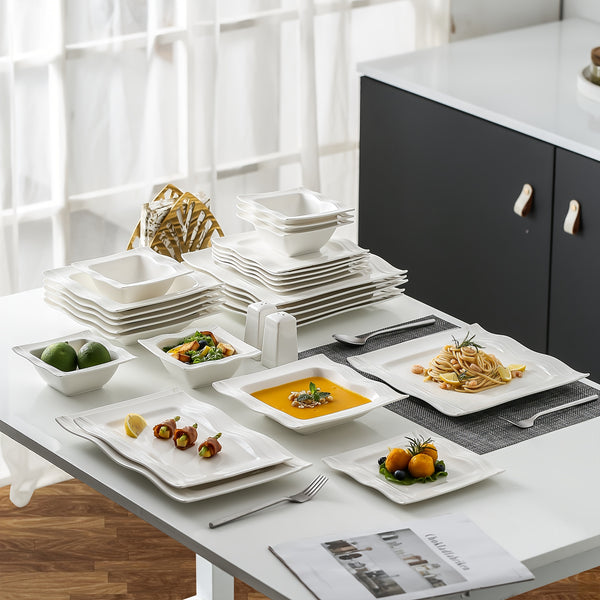 Set of 28 White Porcelain Square Dinnerware, Includes Plates And Bowls for 6 People
