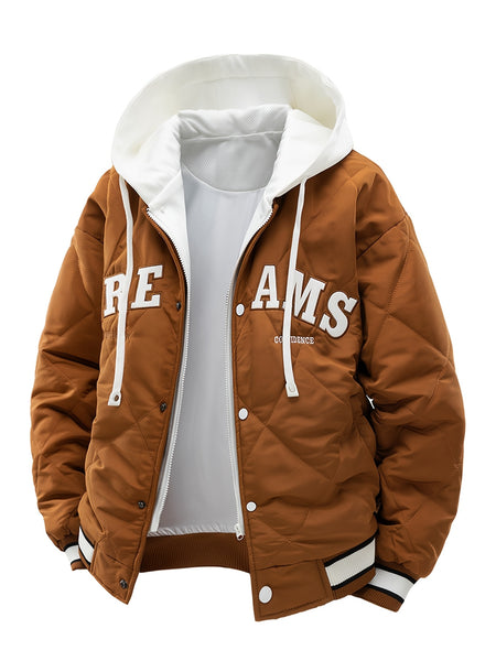 2025 New Men's Winter Warm Jacket with Letter Embroidery, Thickened Warm Casual Hooded 2-in-1 Look Padded Coat, Camping Christmas New Arrival