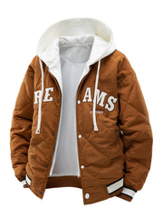 2025 New Men's Winter Warm Jacket with Letter Embroidery, Thickened Warm Casual Hooded 2-in-1 Look Padded Coat, Camping Christmas New Arrival