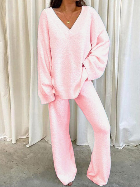 Women'S Winter Cozy Solid Color V-Neck 2pcs Casual Set - Soft Warm Outfits for Home Relaxation, Weekend Streaming & Cozy Friend Gatherings, Lounge Set, Casual Wear, Relaxed Fit, Vneck Design, Breathable Material, Comfortable Fabric, Twopiece Outfit, Women
