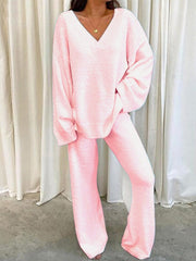 Women'S Winter Cozy Solid Color V-Neck 2pcs Casual Set - Soft Warm Outfits for Home Relaxation, Weekend Streaming & Cozy Friend Gatherings, Lounge Set, Casual Wear, Relaxed Fit, Vneck Design, Breathable Material, Comfortable Fabric, Twopiece Outfit, Women