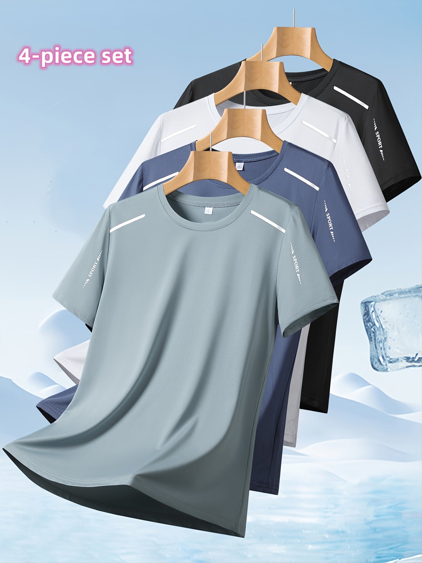 Set of 4 Men'S Quick-Dry Athletic T-Shirts - Lightweight, Moisture-Wicking, Short Sleeve Round Neck Tops, Highly Elastic for Comfort, Ideal for Summer Outdoor Activities