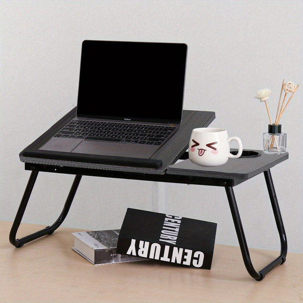 [Cozy Comfort] Versatile Folding Laptop Desk with Cup Holder - 5-Level Adjustable Tilt, Portable & Sturdy Wooden Frame, Ideal for Reading, Studying & Serving Breakfast in Bed - Available in Black, Walnut, Natural, Pink