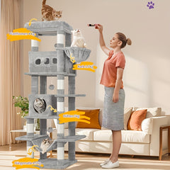 170cm Large Cat Tree, Cat Tower for Maine Cat, Multi-Storey Scratching Post with Large Perch, Washable Mat, Cat House Furniture with 2 Caves, 8 Scratching Posts, Light Grey, Dark Grey