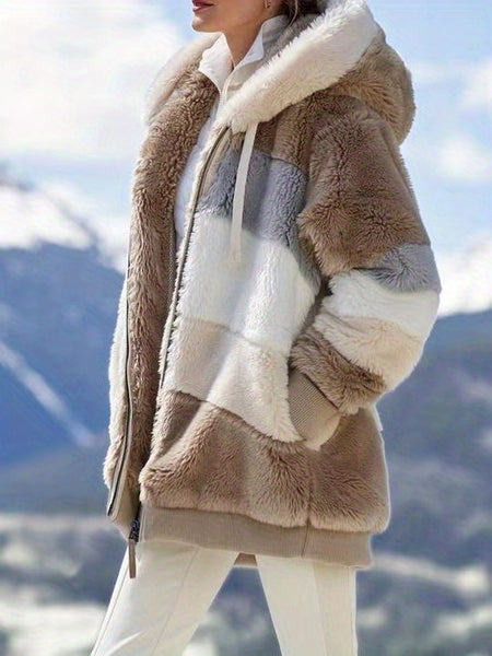 Women's 2025 Autumn Winter Warm Patchwork Hooded Coat - Zip Pockets Loose Fit Oversized Casual Outerwear
