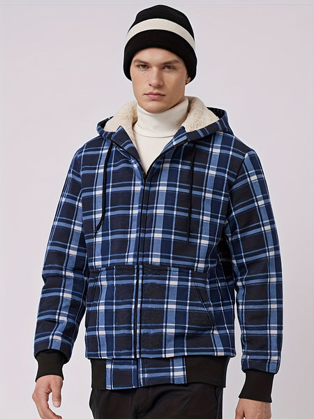 Men's Heavyweight -Lined Hooded Jacket - Full-Zip Plaid Thickened Shirt with Pockets and Adjustable Drawstring, Comfortable and Warm for Autumn and Winter