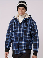 Men's Heavyweight -Lined Hooded Jacket - Full-Zip Plaid Thickened Shirt with Pockets and Adjustable Drawstring, Comfortable and Warm for Autumn and Winter